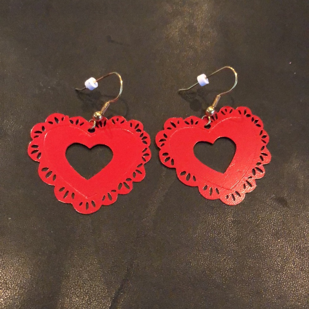 Valentine’s day red metal filigree heart earrings